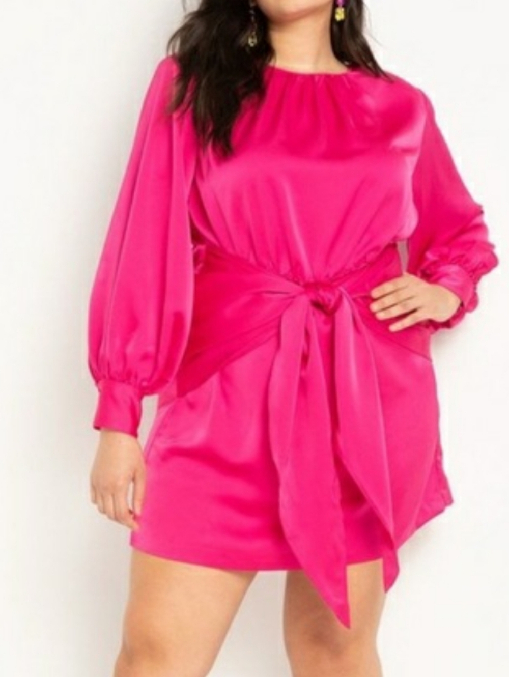 Eloquii Fuchsia Satin Tie-Waist Mini Dress Long Sleeves Shoulder Pads